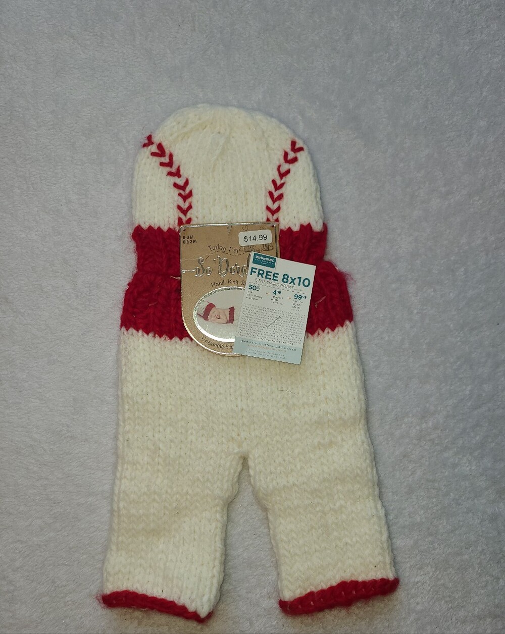Crochet Cream and Red Baseball Baby Hat & Pants Set